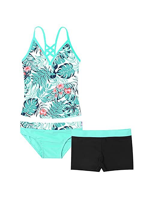 Haitryli Kids Girls 3 Pieces Swimsuit Sleeveless Floral Printed Tops with Shorts Bottoms Set Tankini Bathing Suit