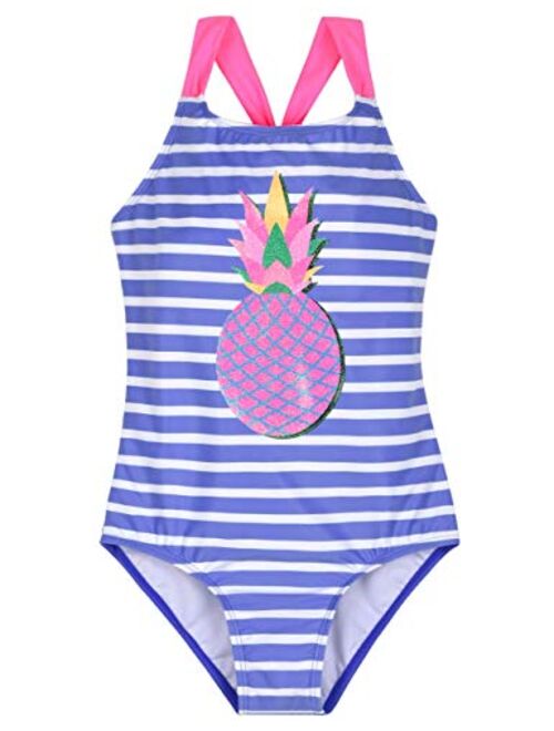 Firpearl Girl's One Piece Swimsuit Crossback Cute Print Sailor Bathing Suit Kids Swimwear