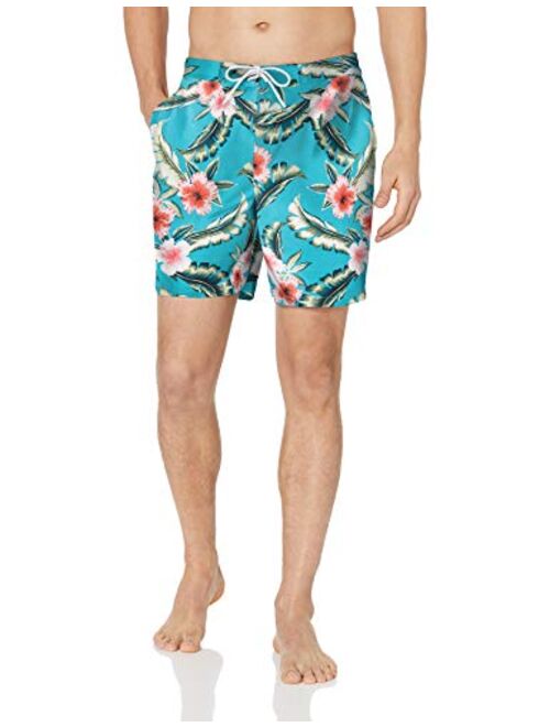 Amazon Brand - 28 Palms Men's 7" Inseam Tropical Hawaiian Print Cotton Nylon Swim Board Short