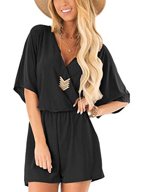 ReachMe Womens Casual V Neck Romper Shorts Summer Short Sleeve Loose Jumpsuit with Pockets