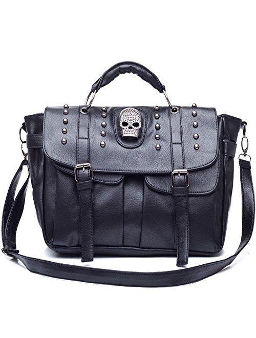 FiveloveTwo Women Top Handle Shoulder Bag Personality Punk Rivet Satchel Tote Purse Fashion Vintage Big Bag Black