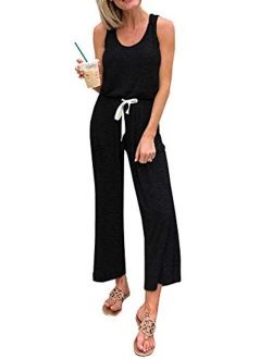 Womens Casual Solid Sleeveless Jumpsuit Crewneck Drawstring Waist Stretchy Long Pants Romper with Pockets