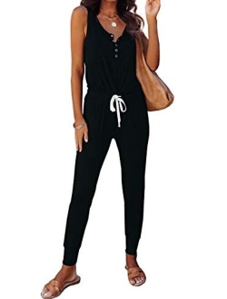 Womens Casual Solid Sleeveless Jumpsuit Crewneck Drawstring Waist Stretchy Long Pants Romper with Pockets