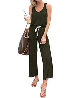 Womens Casual Solid Sleeveless Jumpsuit Crewneck Drawstring Waist Stretchy Long Pants Romper with Pockets