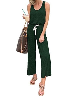 Womens Casual Solid Sleeveless Jumpsuit Crewneck Drawstring Waist Stretchy Long Pants Romper with Pockets