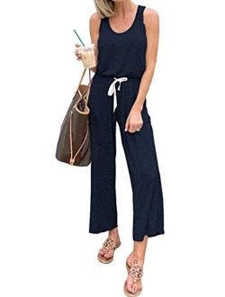 Womens Casual Solid Sleeveless Jumpsuit Crewneck Drawstring Waist Stretchy Long Pants Romper with Pockets