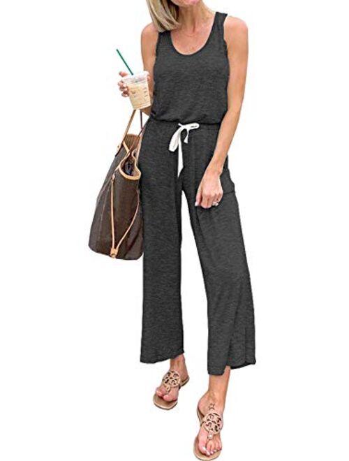 PRETTYGARDEN Women’s Casual Solid Sleeveless Jumpsuit Crewneck Drawstring Waist Stretchy Long Pants Romper with Pockets