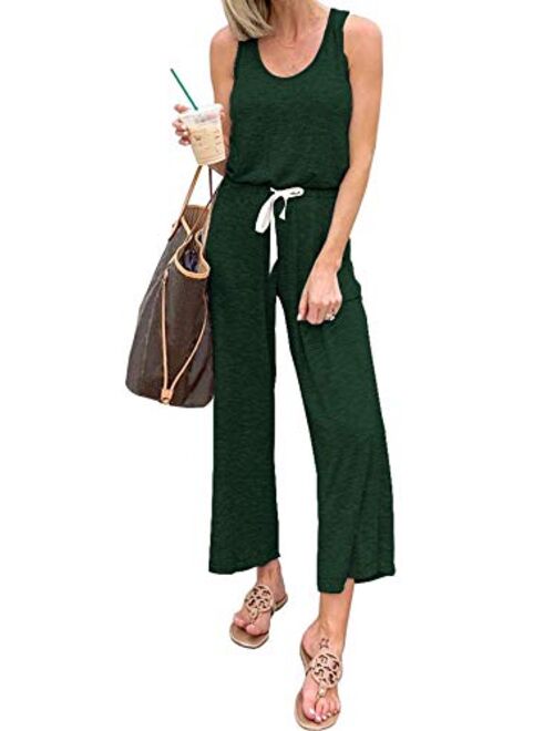 PRETTYGARDEN Women’s Casual Solid Sleeveless Jumpsuit Crewneck Drawstring Waist Stretchy Long Pants Romper with Pockets