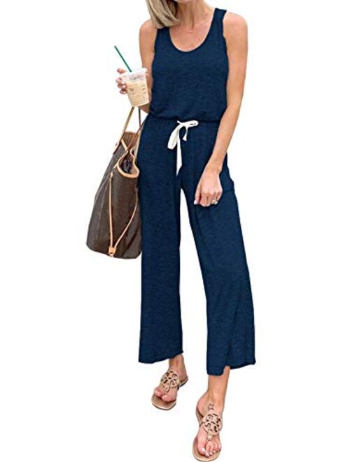 PRETTYGARDEN Women’s Casual Solid Sleeveless Jumpsuit Crewneck Drawstring Waist Stretchy Long Pants Romper with Pockets