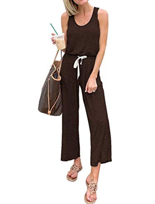 PRETTYGARDEN Women’s Casual Solid Sleeveless Jumpsuit Crewneck Drawstring Waist Stretchy Long Pants Romper with Pockets