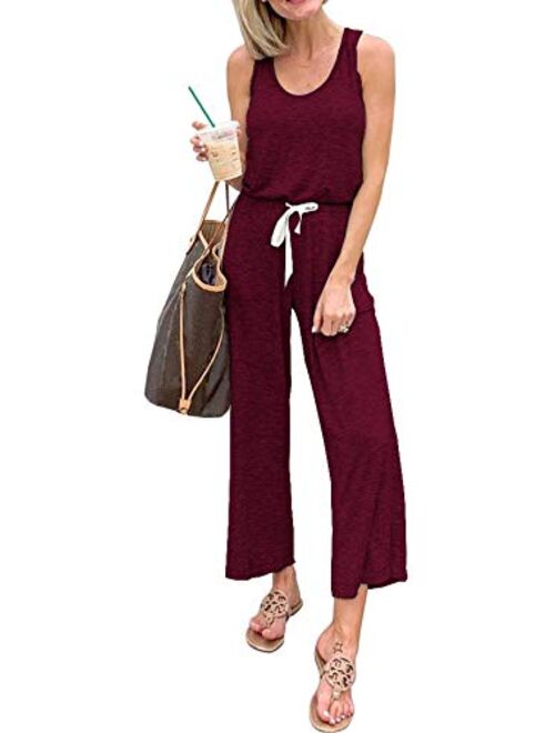 PRETTYGARDEN Women’s Casual Solid Sleeveless Jumpsuit Crewneck Drawstring Waist Stretchy Long Pants Romper with Pockets