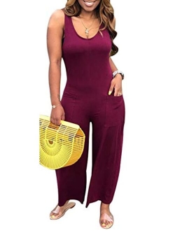 Ophestin Women Sleeveless Tank Pockets Bodycon Club Party Long Wide Leg Jumpsuits Rompers