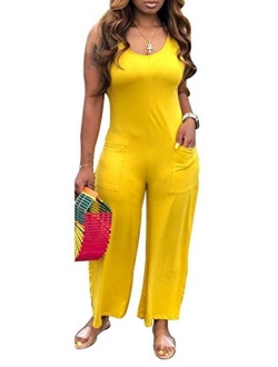 Ophestin Women Sleeveless Tank Pockets Bodycon Club Party Long Wide Leg Jumpsuits Rompers