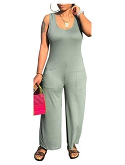 Ophestin Women Sleeveless Tank Pockets Bodycon Club Party Long Wide Leg Jumpsuits Rompers