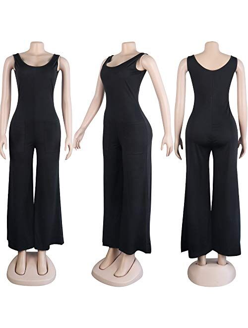 Ophestin Women Sleeveless Tank Pockets Bodycon Club Party Long Wide Leg Jumpsuits Rompers