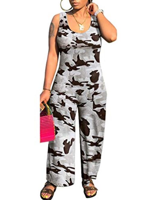 Ophestin Women Sleeveless Tank Pockets Bodycon Club Party Long Wide Leg Jumpsuits Rompers