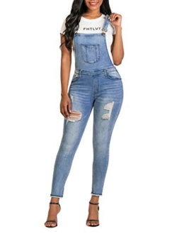 MEISITE Women's Stretch Jeans Jumpsuit Denim Ripped Distressed Skinny Overalls…