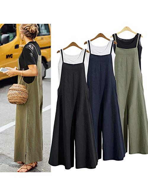 Celmia Womens Casual Loose Bib Baggy Overalls Jumpsuit Pants Cotton Linen Romper