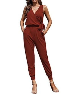 ROSKIKI Womens Solid Loose Sleeveless Full Back Button Down Pocketed Thermal Long Jumpsuit (S-XL)