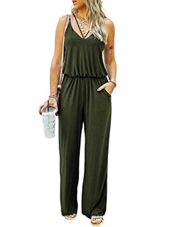 ROSKIKI Womens Solid Loose Sleeveless Full Back Button Down Pocketed Thermal Long Jumpsuit (S-XL)