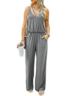 ROSKIKI Womens Solid Loose Sleeveless Full Back Button Down Pocketed Thermal Long Jumpsuit (S-XL)