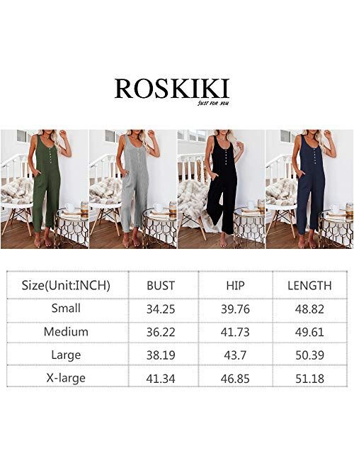 ROSKIKI Womens Solid Loose Sleeveless Full Back Button Down Pocketed Thermal Long Jumpsuit (S-XL)
