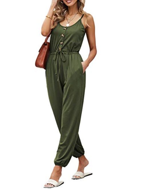 ROSKIKI Womens Solid Loose Sleeveless Full Back Button Down Pocketed Thermal Long Jumpsuit (S-XL)