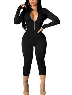 GOBLES Women's Sexy Long Sleeve Front Zipper Mock Neck Bodycon Jumpsuit Rompers