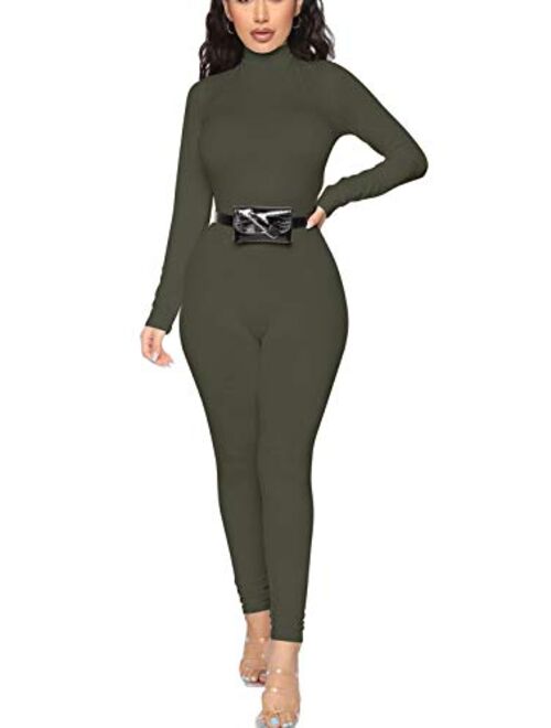 GOBLES Women's Sexy Long Sleeve Front Zipper Mock Neck Bodycon Jumpsuit Rompers