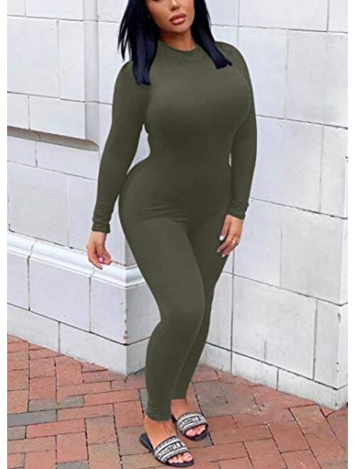 GOBLES Women's Sexy Long Sleeve Front Zipper Mock Neck Bodycon Jumpsuit Rompers