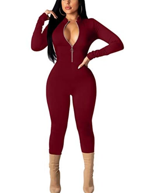 GOBLES Women's Sexy Long Sleeve Front Zipper Mock Neck Bodycon Jumpsuit Rompers