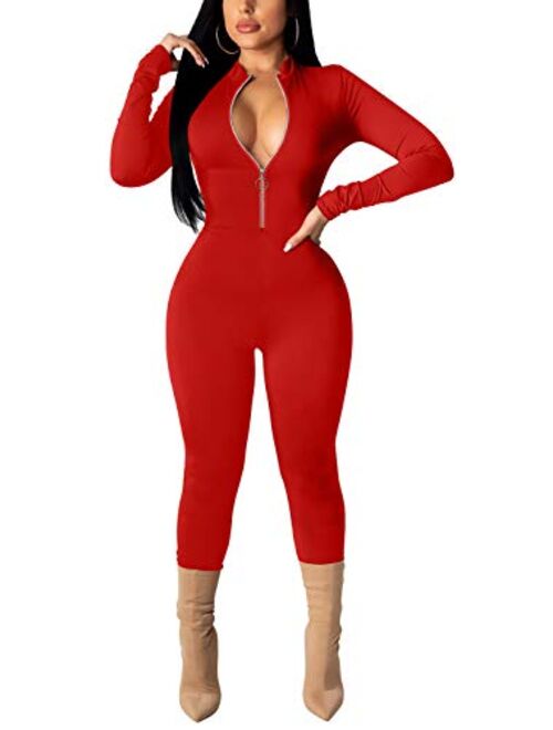 GOBLES Women's Sexy Long Sleeve Front Zipper Mock Neck Bodycon Jumpsuit Rompers