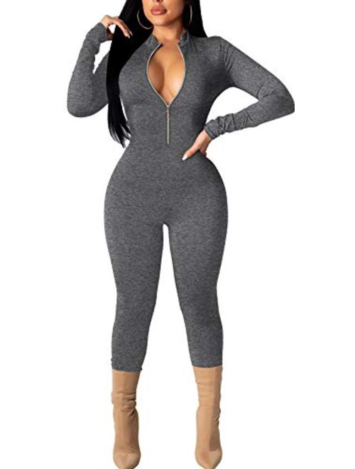 GOBLES Women's Sexy Long Sleeve Front Zipper Mock Neck Bodycon Jumpsuit Rompers