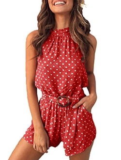 Women's Summer Polka dot Printed Halter Neck Sleeveless Elastic Waist One Piece Short Jumpsuit Rompers