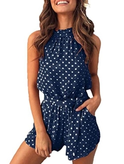 Women's Summer Polka dot Printed Halter Neck Sleeveless Elastic Waist One Piece Short Jumpsuit Rompers