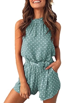 Women's Summer Polka dot Printed Halter Neck Sleeveless Elastic Waist One Piece Short Jumpsuit Rompers