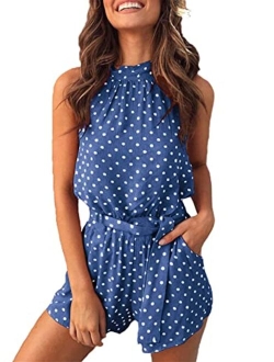 Women's Summer Polka dot Printed Halter Neck Sleeveless Elastic Waist One Piece Short Jumpsuit Rompers