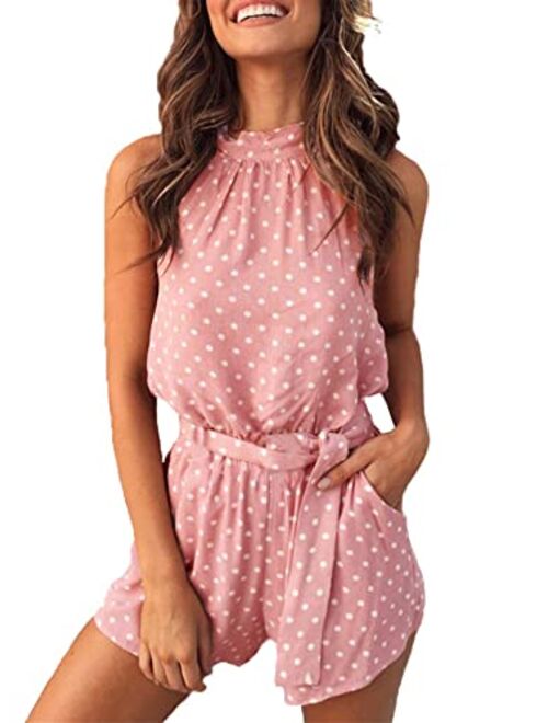 PRETTYGARDEN Women's Summer Polka dot Printed Halter Neck Sleeveless Elastic Waist One Piece Short Jumpsuit Rompers