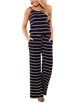 X-Image Womens Casual Jumpsuits Comfy Summer Rompers Spaghetti Strap Floral Printed Striped Jumpsuit with Pockets