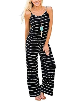 X-Image Womens Casual Jumpsuits Comfy Summer Rompers Spaghetti Strap Floral Printed Striped Jumpsuit with Pockets