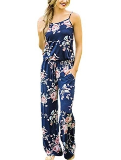 X-Image Womens Casual Jumpsuits Comfy Summer Rompers Spaghetti Strap Floral Printed Striped Jumpsuit with Pockets