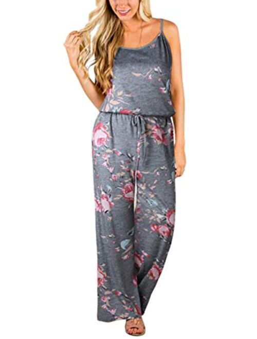 X-Image Womens Casual Jumpsuits Comfy Summer Rompers Spaghetti Strap Floral Printed Striped Jumpsuit with Pockets