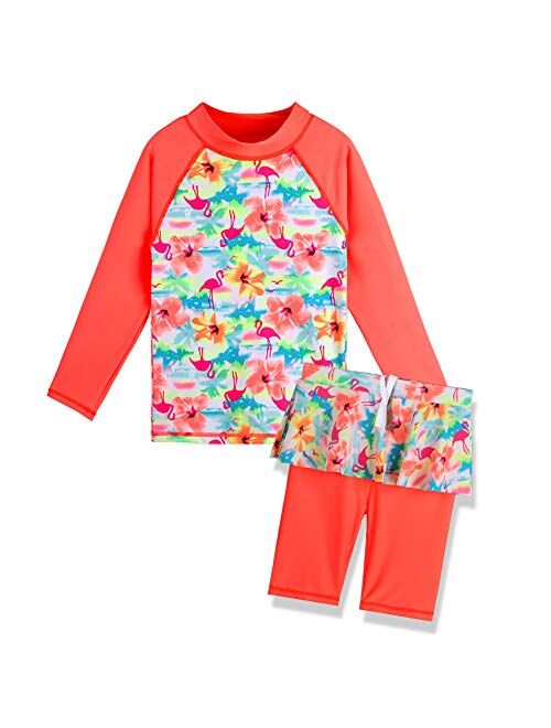 TFJH E Girls Swim Dress Long Sleeve Swimsuit Ruffle Skirt Two Pieces Sunsuit UV 50+ 3-12Y