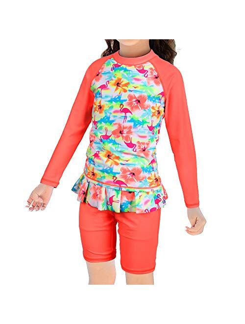 TFJH E Girls Swim Dress Long Sleeve Swimsuit Ruffle Skirt Two Pieces Sunsuit UV 50+ 3-12Y