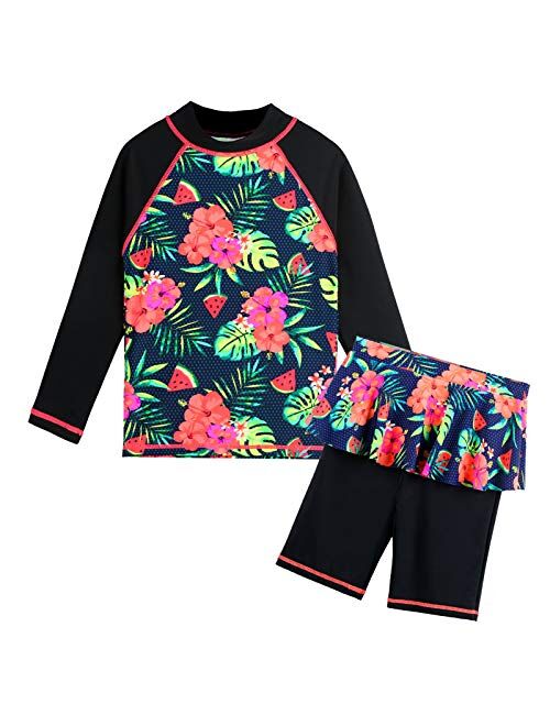 TFJH E Girls Swim Dress Long Sleeve Swimsuit Ruffle Skirt Two Pieces Sunsuit UV 50+ 3-12Y