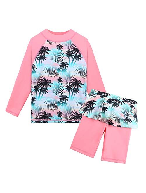 TFJH E Girls Swim Dress Long Sleeve Swimsuit Ruffle Skirt Two Pieces Sunsuit UV 50+ 3-12Y