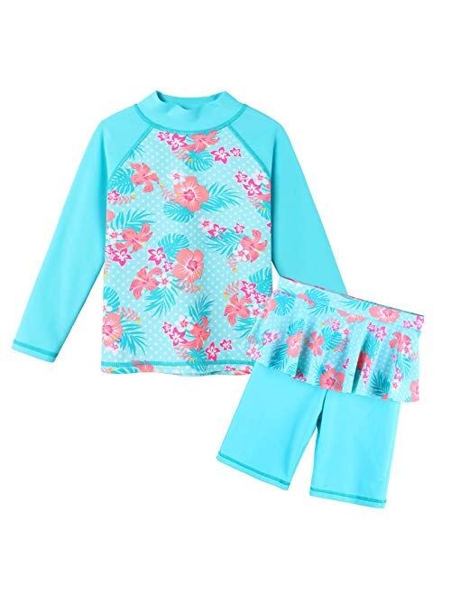 TFJH E Girls Swim Dress Long Sleeve Swimsuit Ruffle Skirt Two Pieces Sunsuit UV 50+ 3-12Y