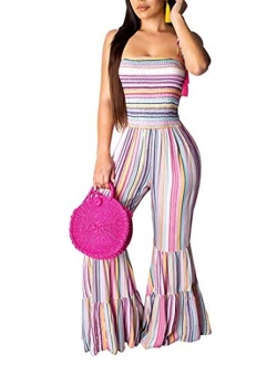 ECHOINE Women Bell Bottom Playsuit Jumpsuit, Spaghetti Strap Cold Shoulder Empire Waist Flare Pants Rompers Jumpsuits