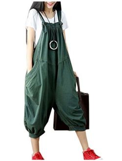 Flygo Women's Baggy Cotton Denim Wide Leg Drop Crotch Overalls Jumpsuit Romper Harem Pants