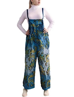 Flygo Women's Baggy Cotton Denim Wide Leg Drop Crotch Overalls Jumpsuit Romper Harem Pants